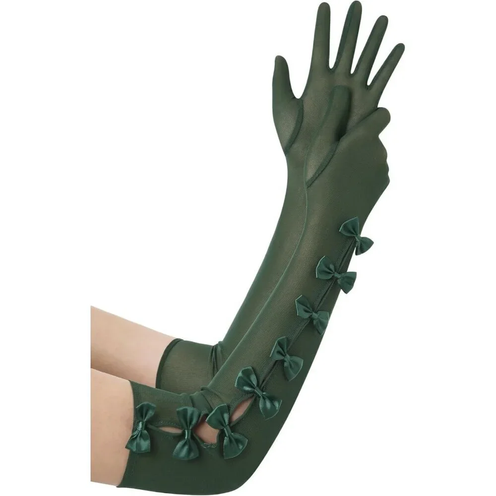Women's Princess Green Long Sleeves Gloves Bow Lace Mesh Tulle Party Prom